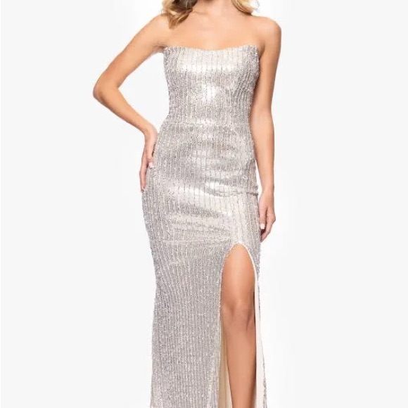 Betsy & Adam Silver Strapless Gown